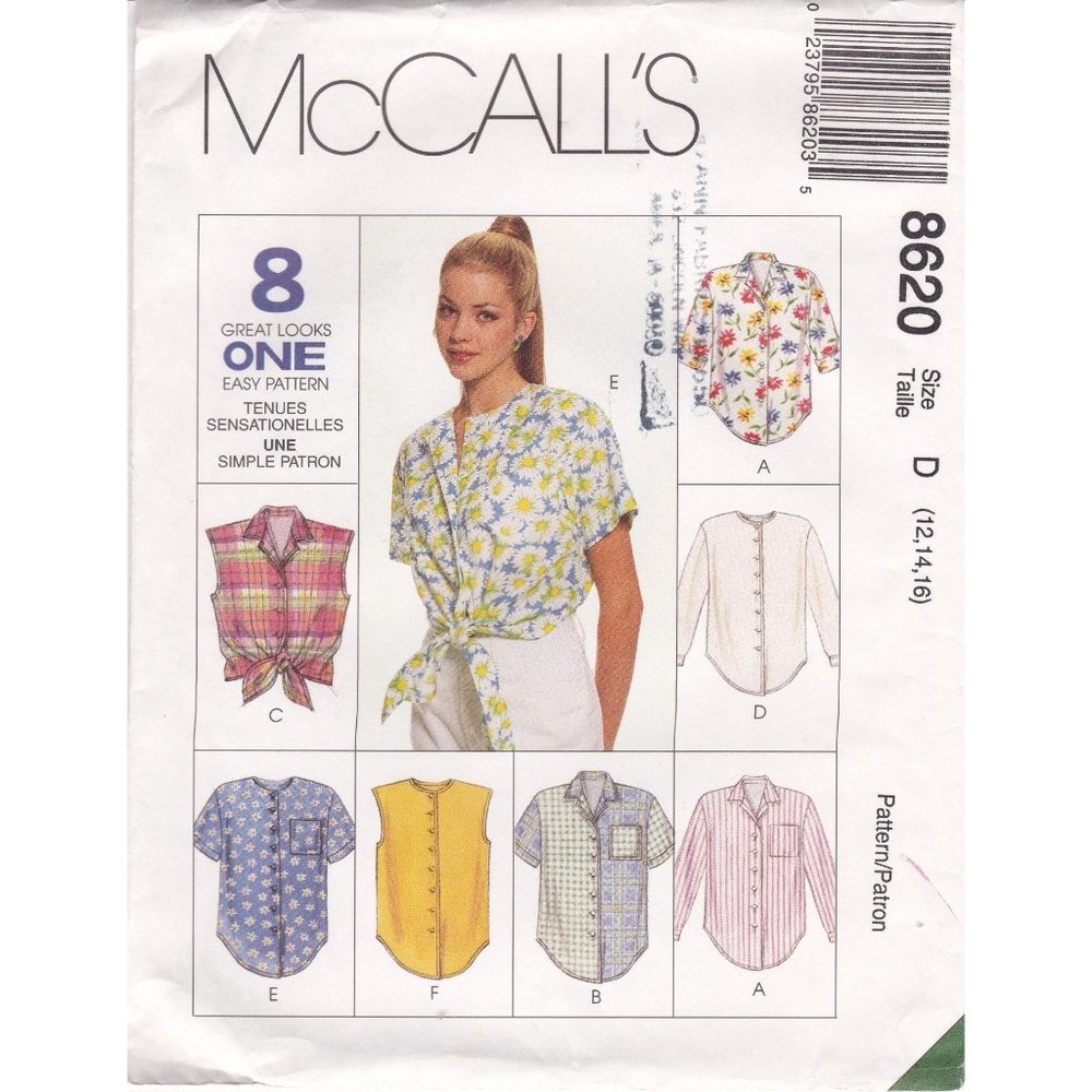 Vintage UNCUT Sewing PATTERN McCalls 8620, Misses 1997 Shirts, Size D 12 14 16